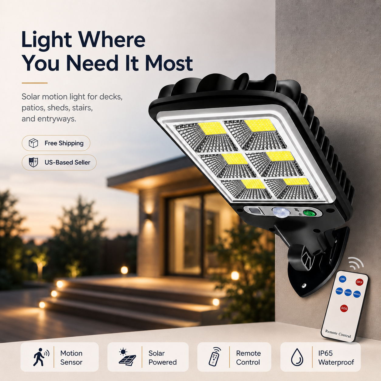 Solar Motion Sensor Security Light | 3 Lighting Modes + Remote