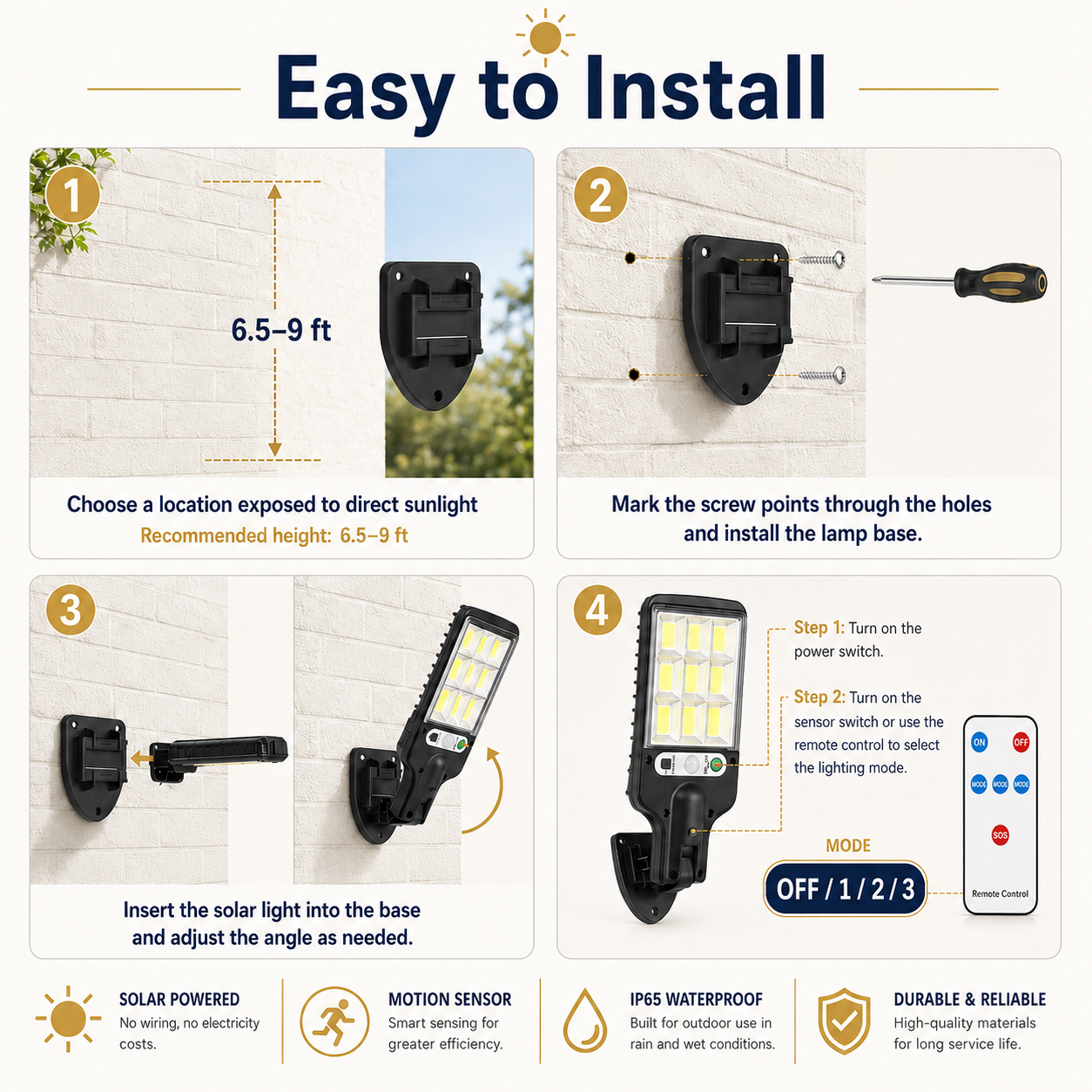 Solar Motion Sensor Security Light | 3 Lighting Modes + Remote