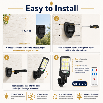 Solar Motion Sensor Security Light | 3 Lighting Modes + Remote