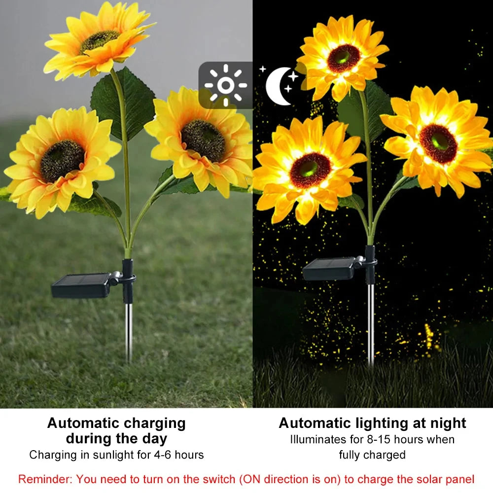 Solar Sunflower Garden Lights — 3-Head Stake